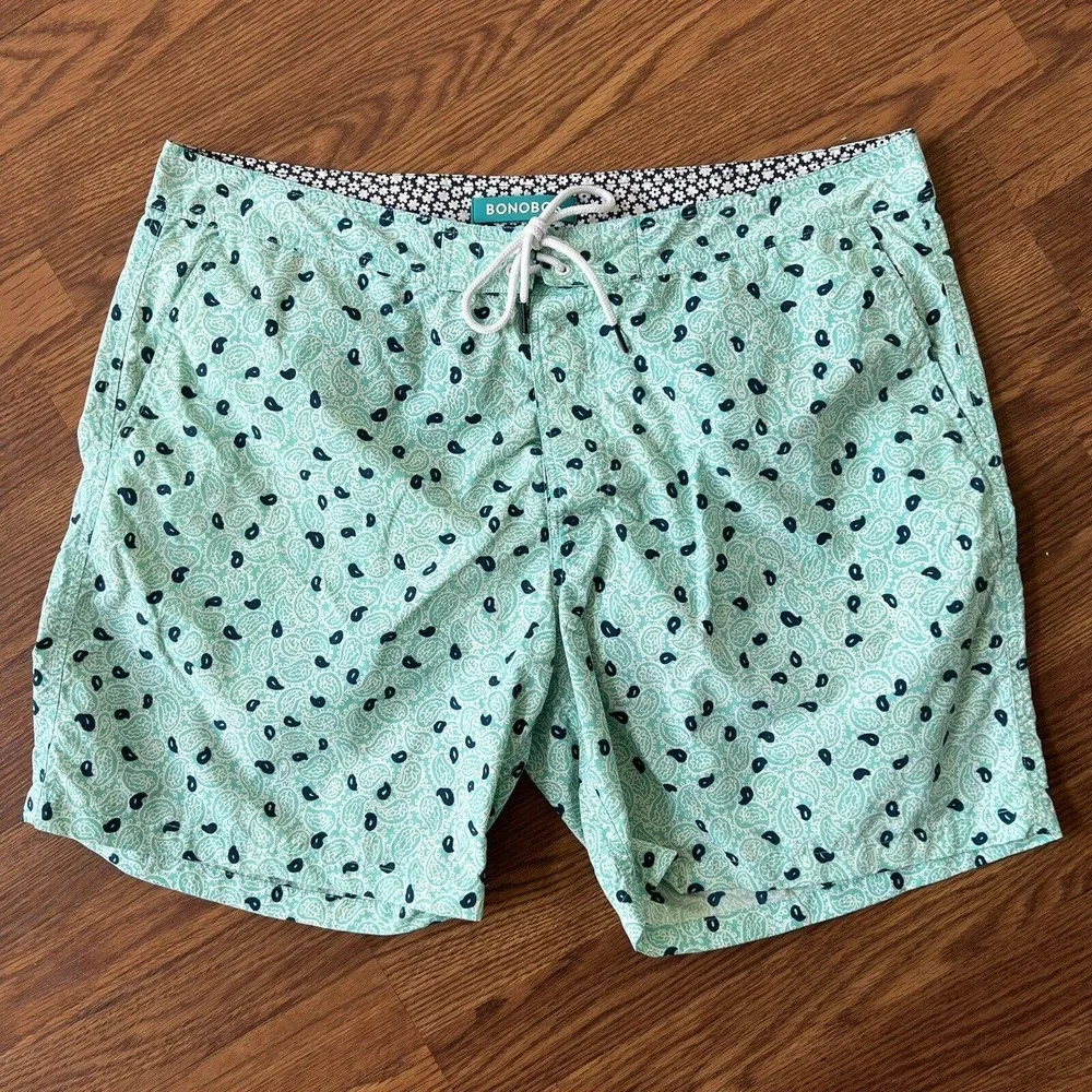 Bonobos Swim Trunks Men's 38 Green Seafoam Paisley Print 7" Inseam W Brief Liner - Picture 1 of 12